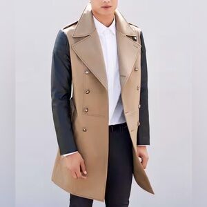Zara Man Tan Trench With Black Faux Leather Sleeves Size Small/36